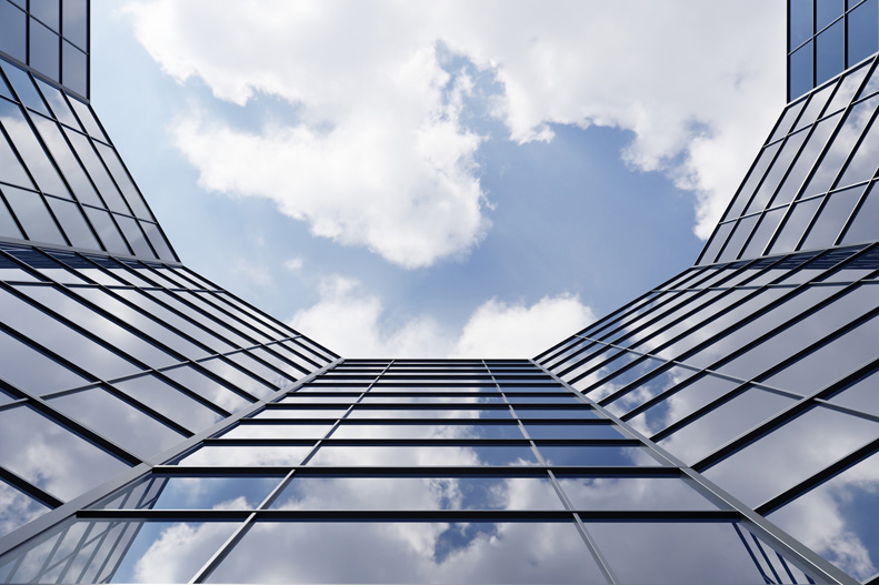 Antseye view of a glass office building